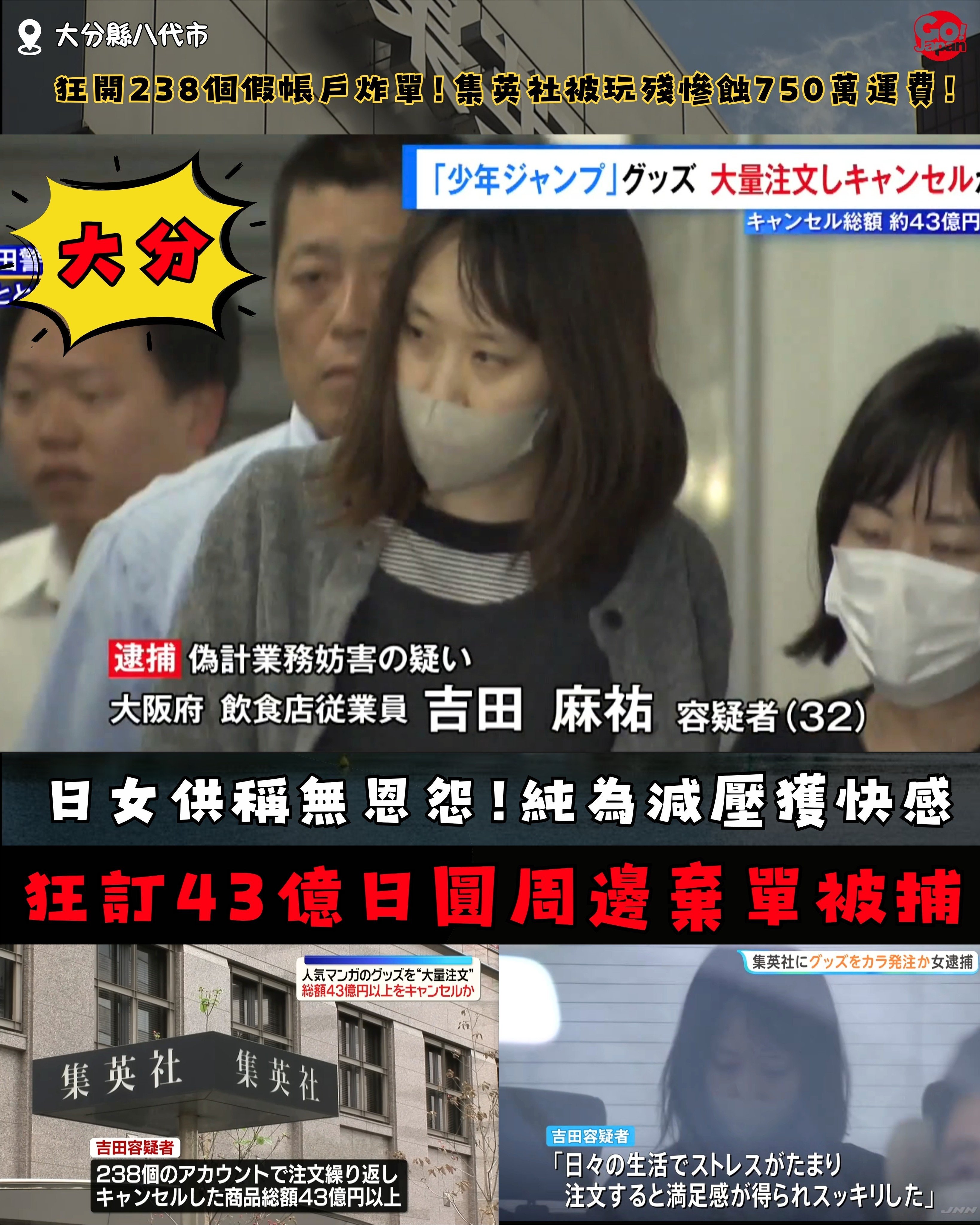 海贼王 【本田快讯】         日本警方逮捕了一名32岁女性，因为她通过集