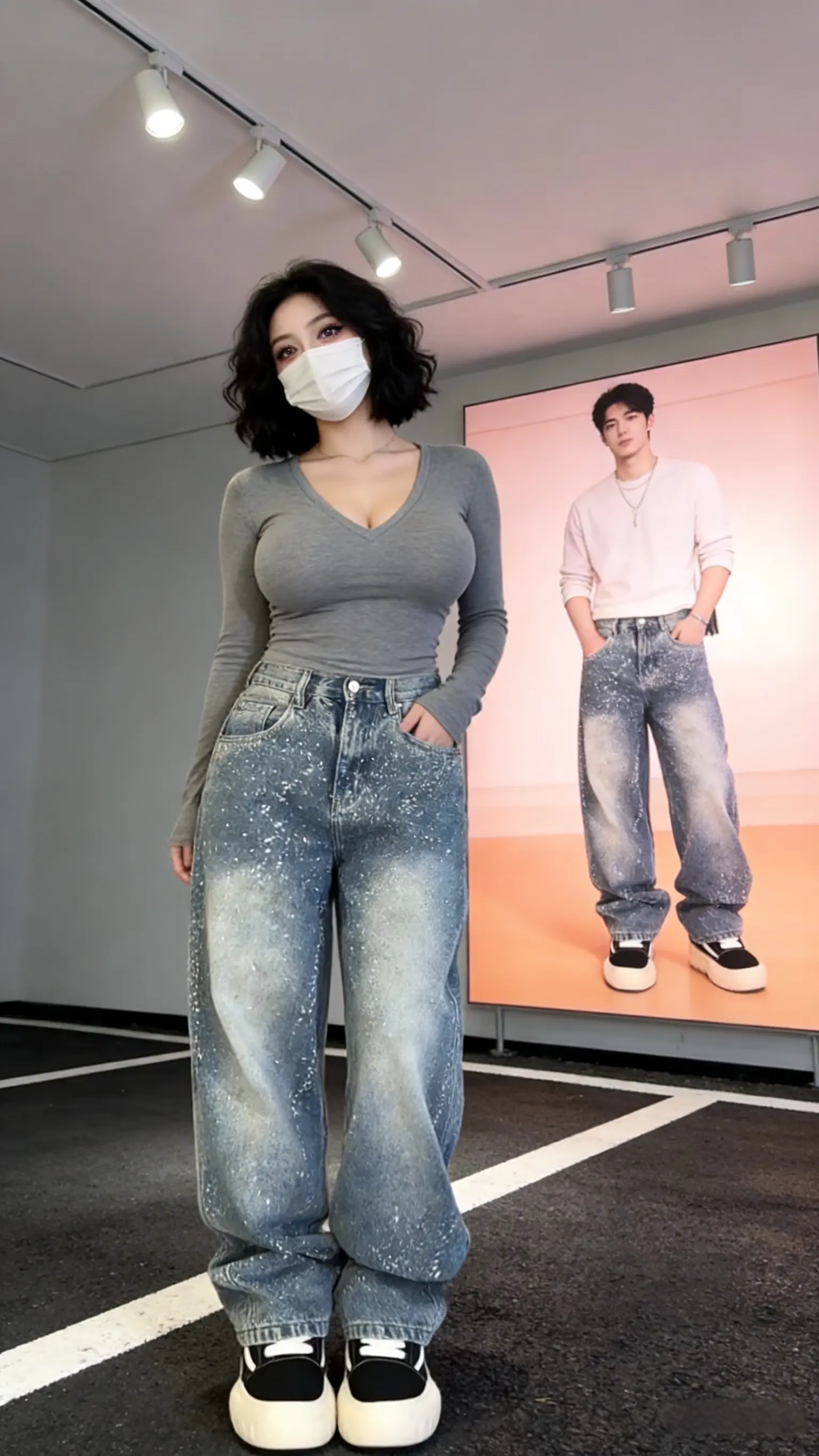 巴黎潮牌男士宽松直筒牛仔裤烫钻印花复古高街设计感亮片阔腿长裤