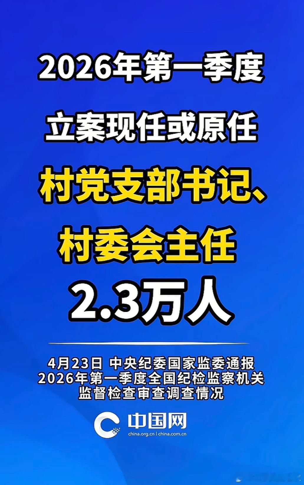 中国网：2026年第一季度，立案现任或原任村党支部书记、村委会主任2.3万人。呵
