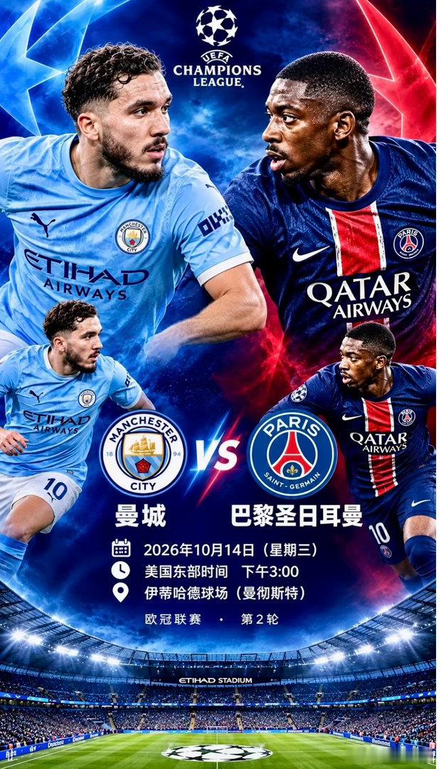 欧冠：曼城🆚巴黎圣日耳曼，10月14日焦点之战这是一场欧洲冠军联赛（欧冠）联赛