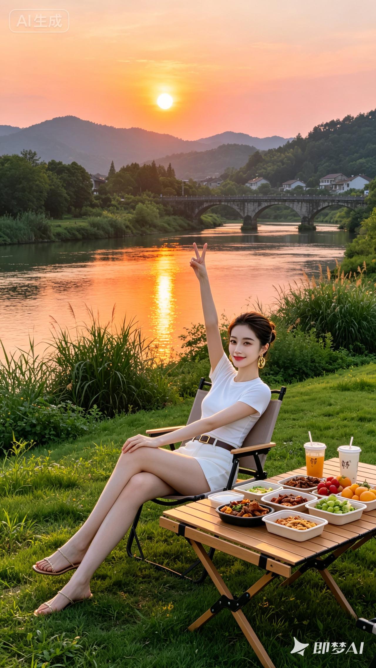 夕阳下的野餐时光，美食与美景相伴