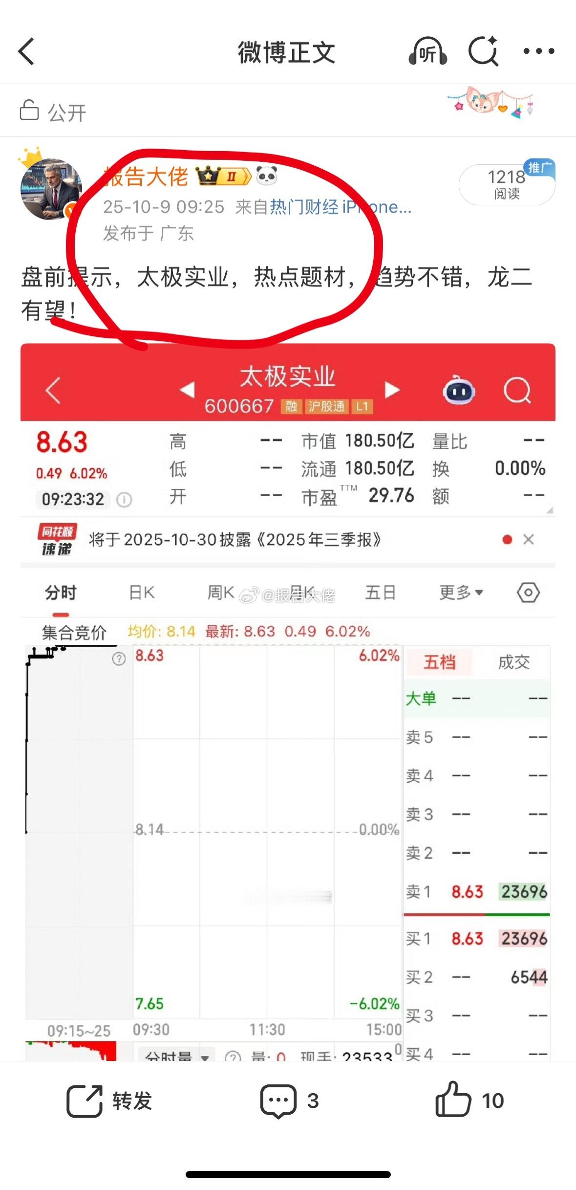 盘前提示的 太极实业 收获涨停！恭喜跟上的朋友，你们的点赞和178呢！热情点兄弟