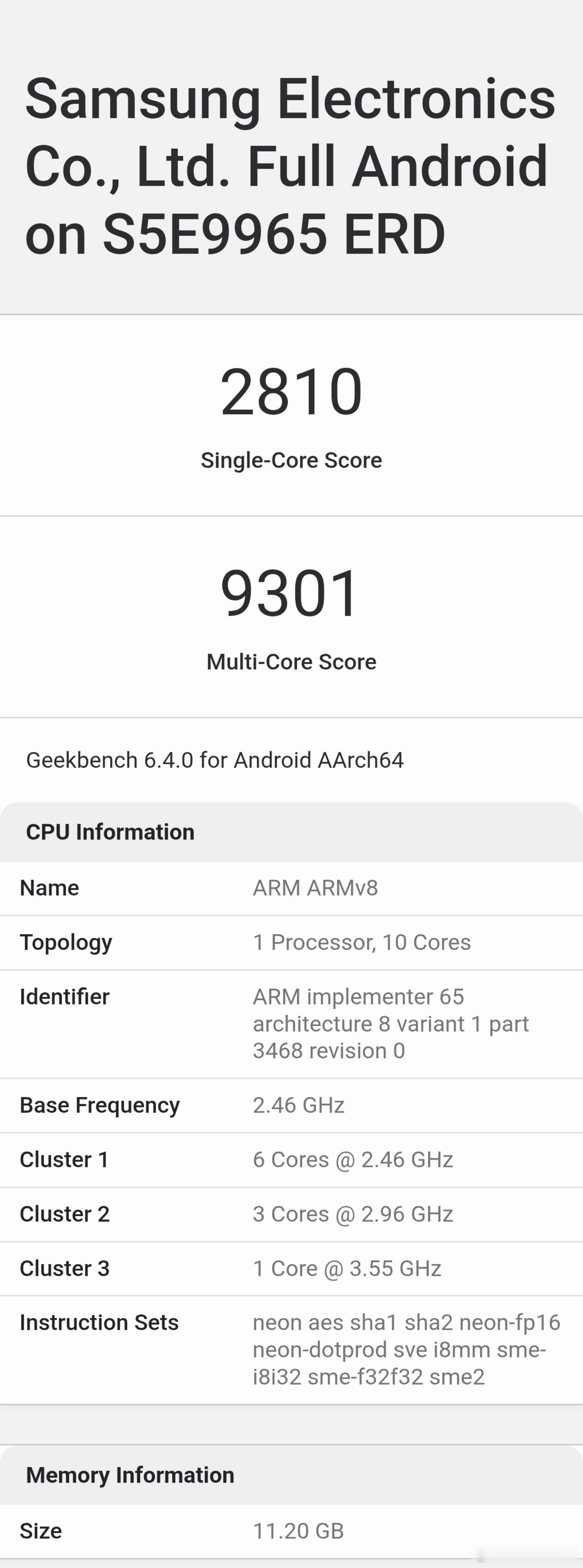 三星Exynos 2600跑满3.55GHz，单核2810，多核9301，属于刚