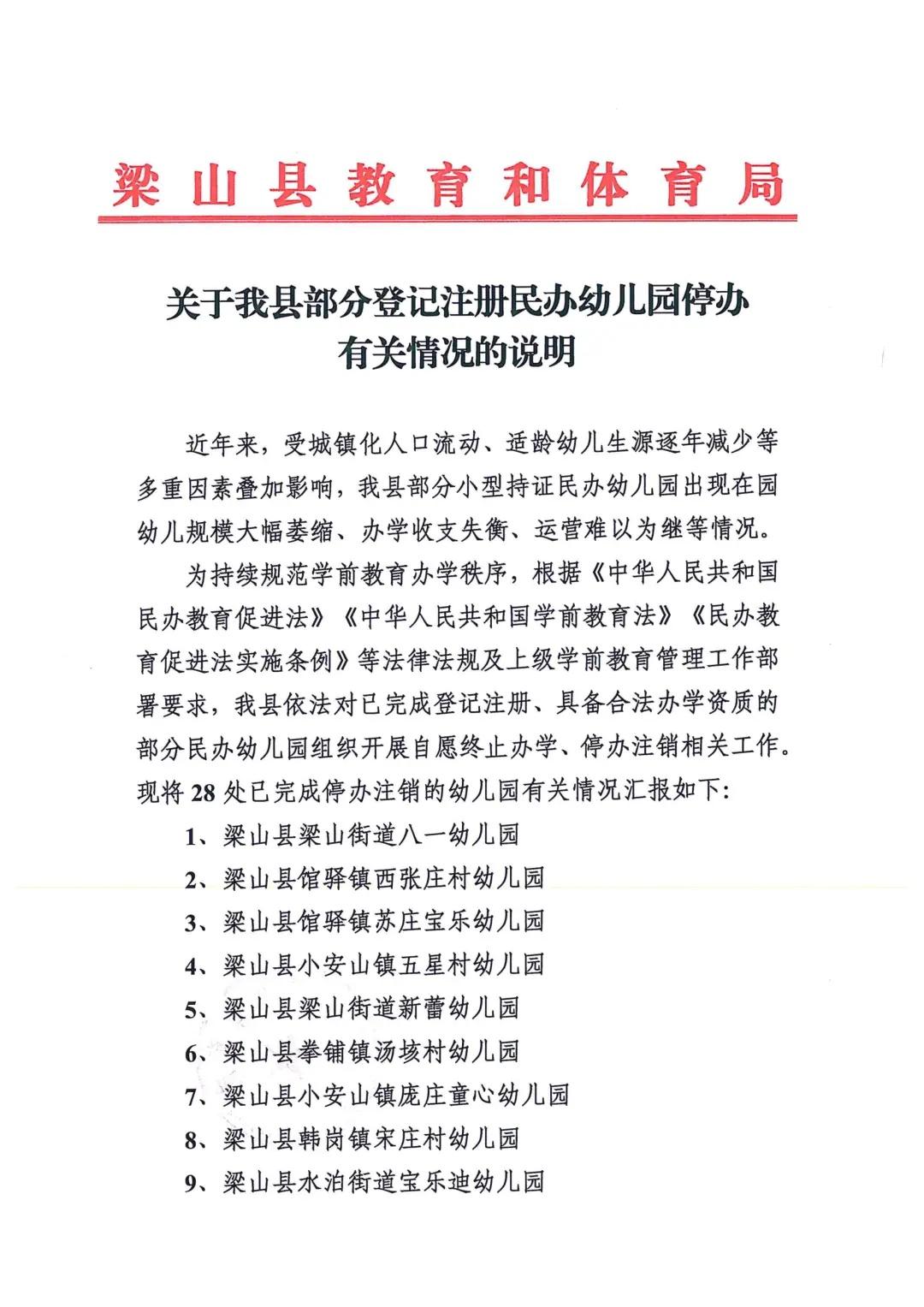 【梁山28所民办幼儿园停办，折射少子化办学困境】据梁山县教育和体育局通报，当地2