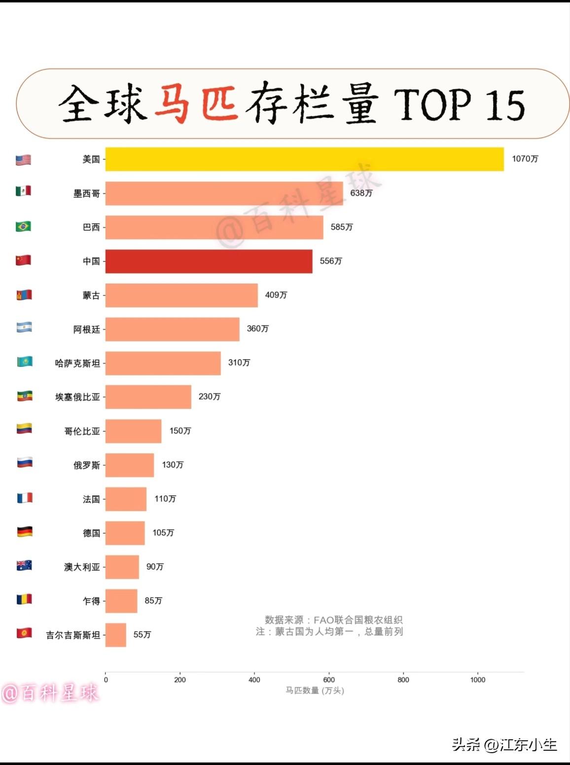 全球马匹存栏量TOP15。