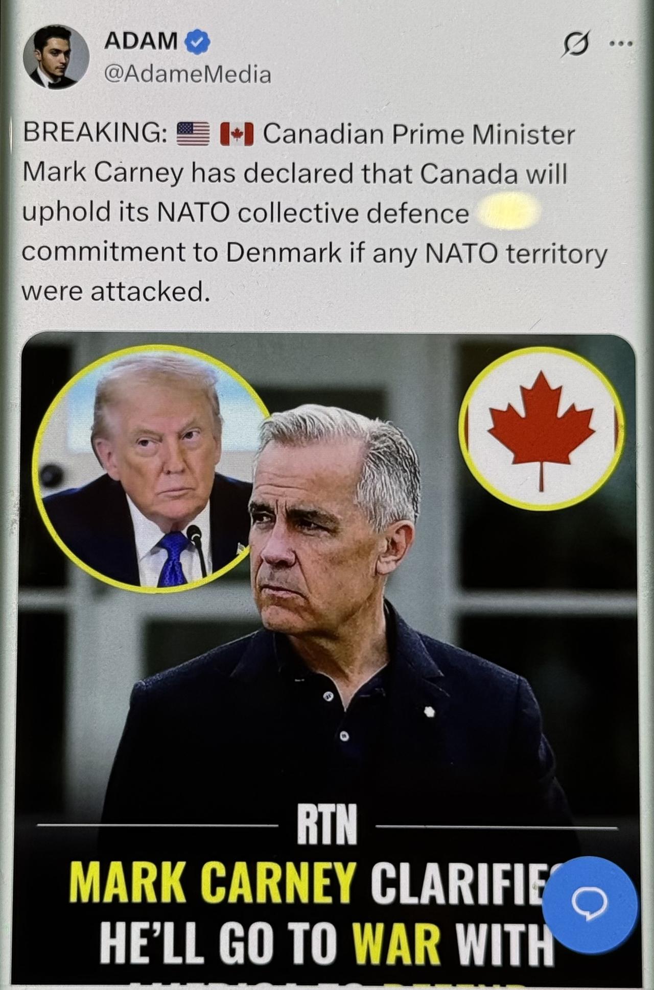 突发：加拿大总理马克·卡尼宣布，若任何北约领土遭到攻击，加拿大将履行对丹麦的北约