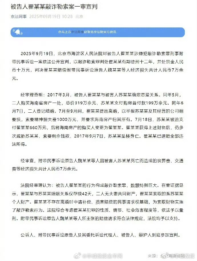 #翟欣欣被判12年#【#翟某某敲诈勒索案宣判#】​​2025年9月19日，北京市