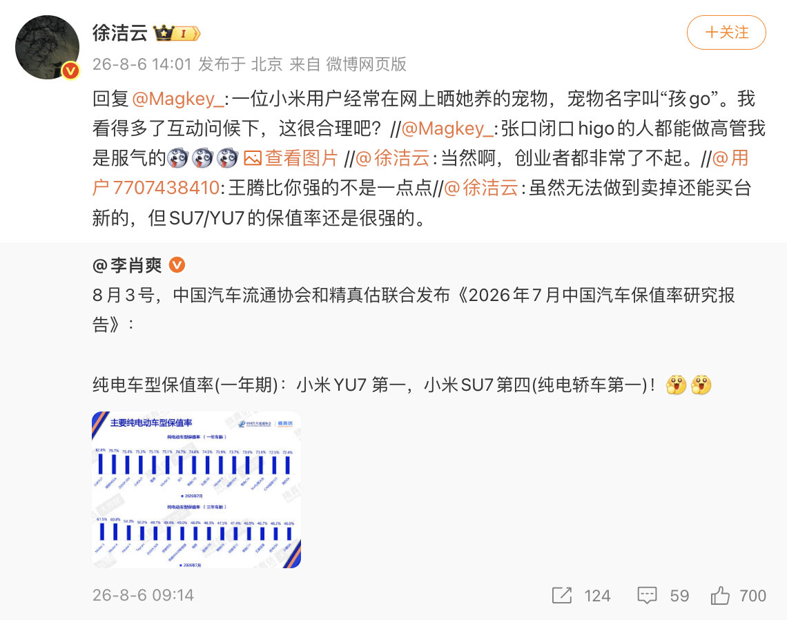 【徐洁云回应孩go言论】徐洁云称有小米用户宠物叫孩go8月6日，有网友评论徐洁云