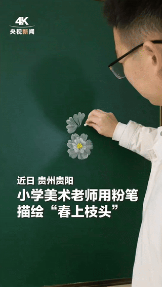 妙笔生花，贵州，一小学美术老师用粉笔描绘出“春上枝头”，画面栩栩如生，他一开始这
