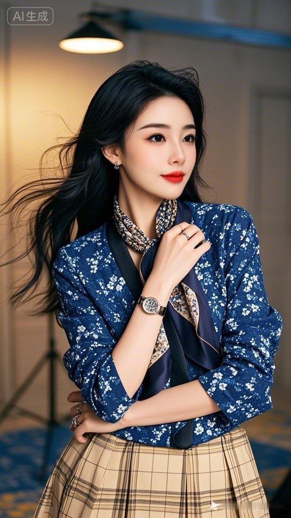 优雅绝色女性秀发飘逸，妆容精致笑意浅。蓝碎花外套配米黄长裙，暗花丝巾绕颈，手触丝