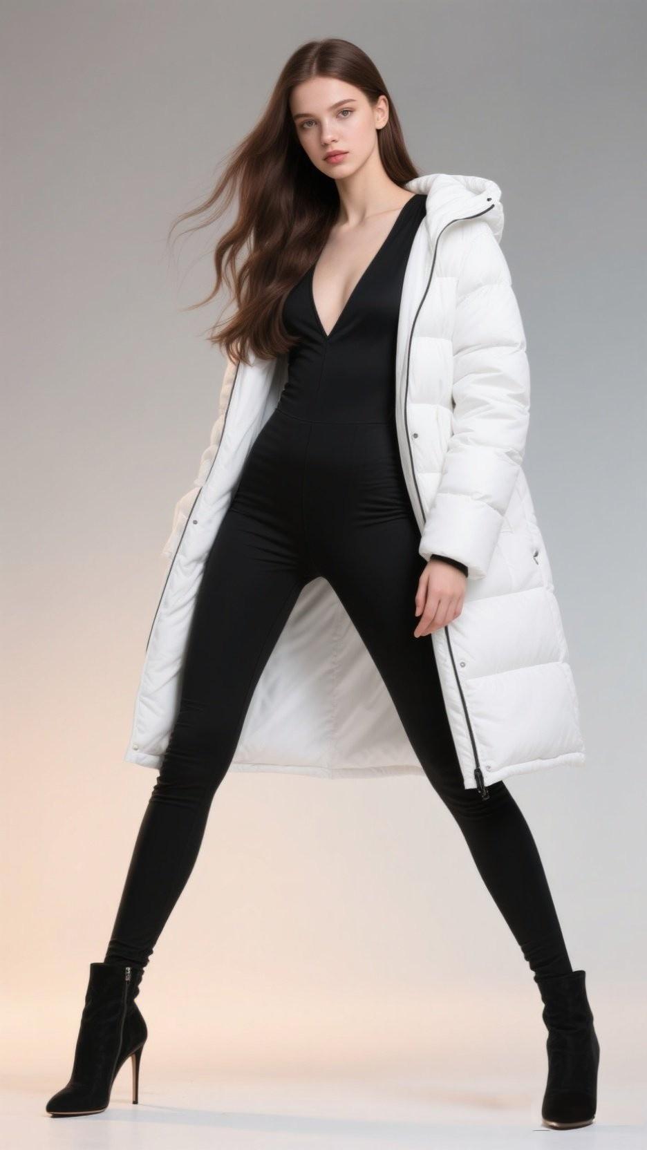 冬天想穿得时尚又保暖，黑色紧身衣加白色羽绒服这对组合绝了！
黑色紧身衣能凸显身材