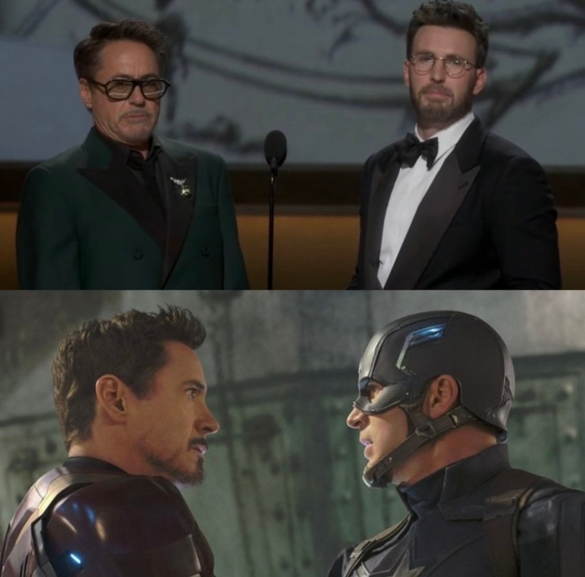 小罗伯特·唐尼（钢铁侠）与克里斯·埃文斯（美国队长）在第98届奥斯卡红毯重聚，两