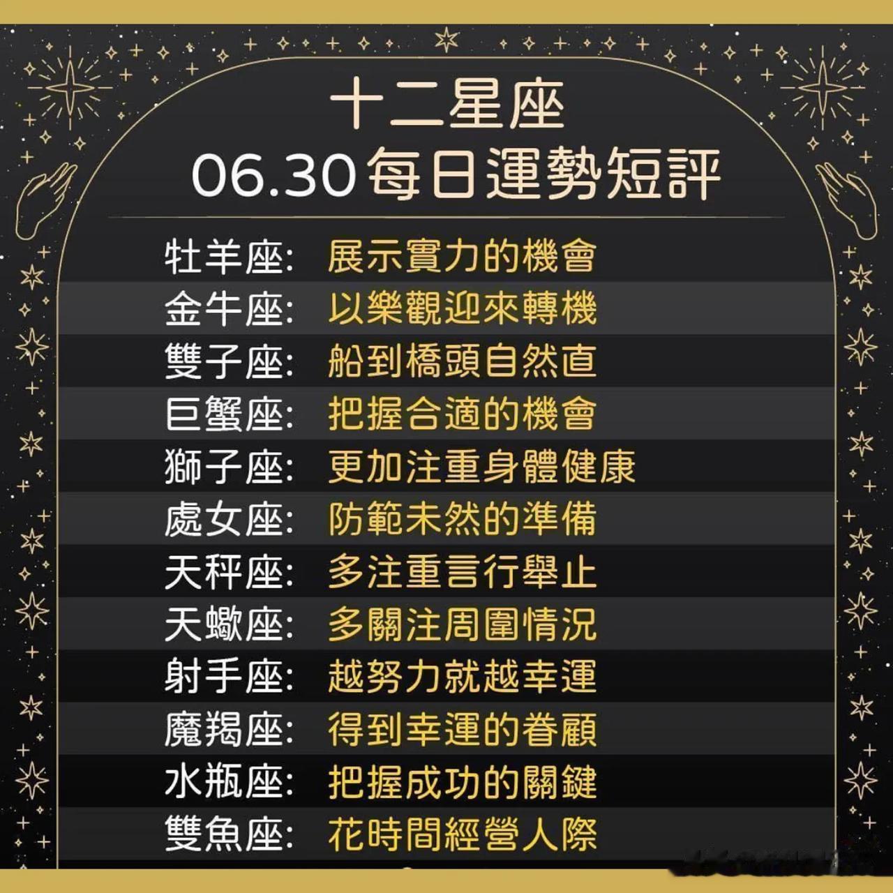 十二星座运势每日小短评
06/30运势到咯[福][福][玫瑰][点亮平安灯]
白