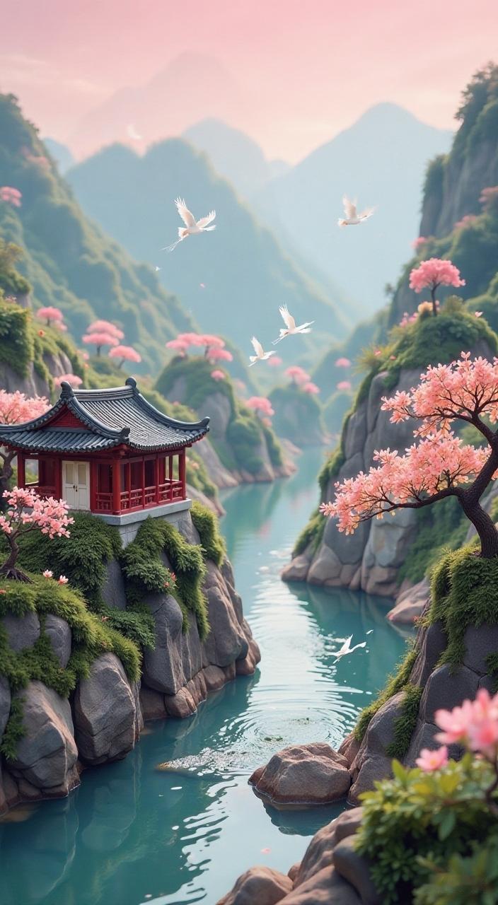 仙境般的世外桃源，粉樱盛开，白鹭飞翔，静谧的湖畔，古风建筑，宛如画中。