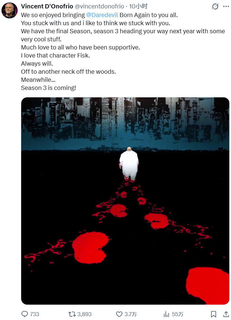 文森特·多诺费奥就《夜魔侠:重生》第三季完结发表声明：“我们非常享受把《夜魔侠：