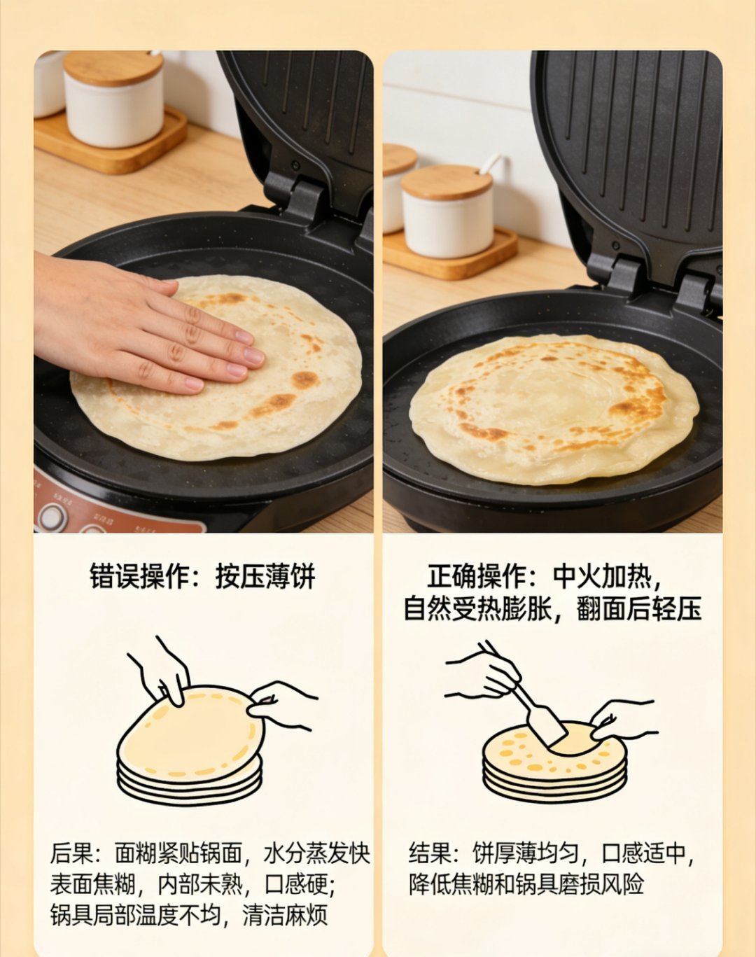 煎饼或薄饼在平底锅里不停按压，并不会让它更快熟透或更脆。压力让面糊紧贴锅面，水分