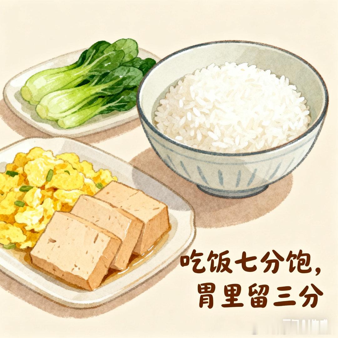 【饭量养出寿命】三分饱：肠胃叫四分饱：毛病绕五分饱：晚餐好六分饱：延寿命七分饱：
