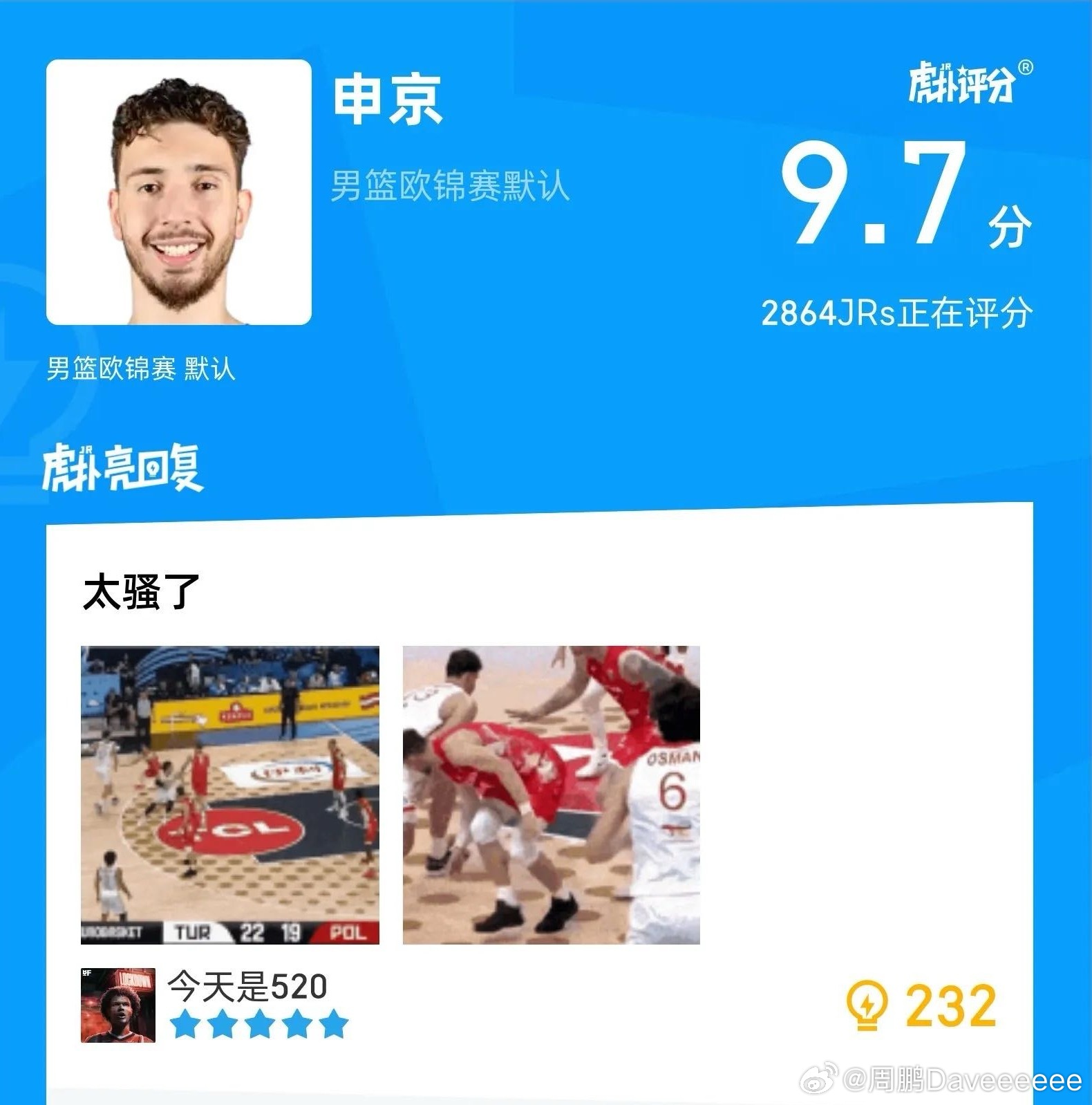 19+12+10+3，谁也别来抢，这就是我们家申老师在欧洲杯四分之一决赛的数据，