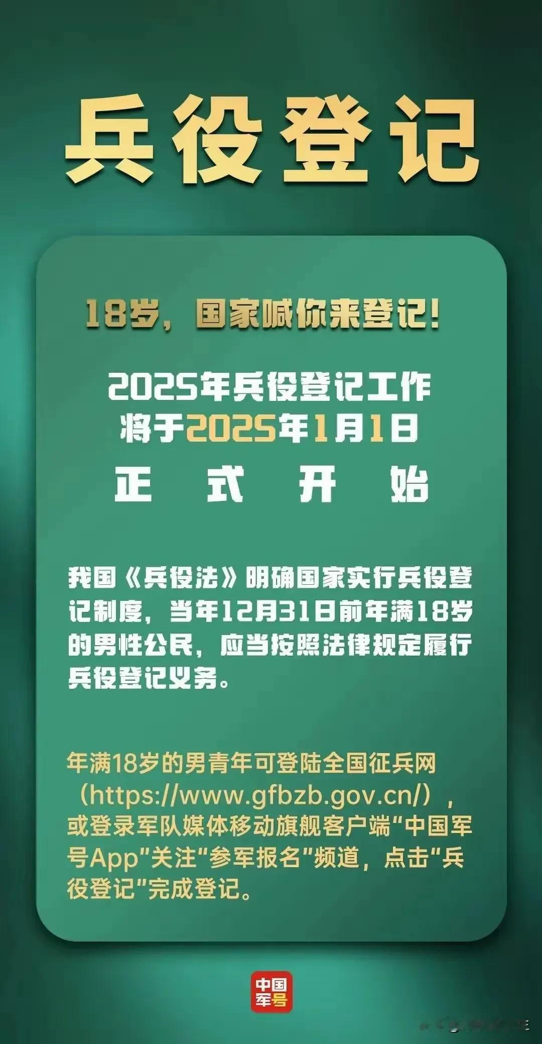 年满18岁的你（男生）

必须完成“兵役登记”

否则

会影响上大学、找工作。