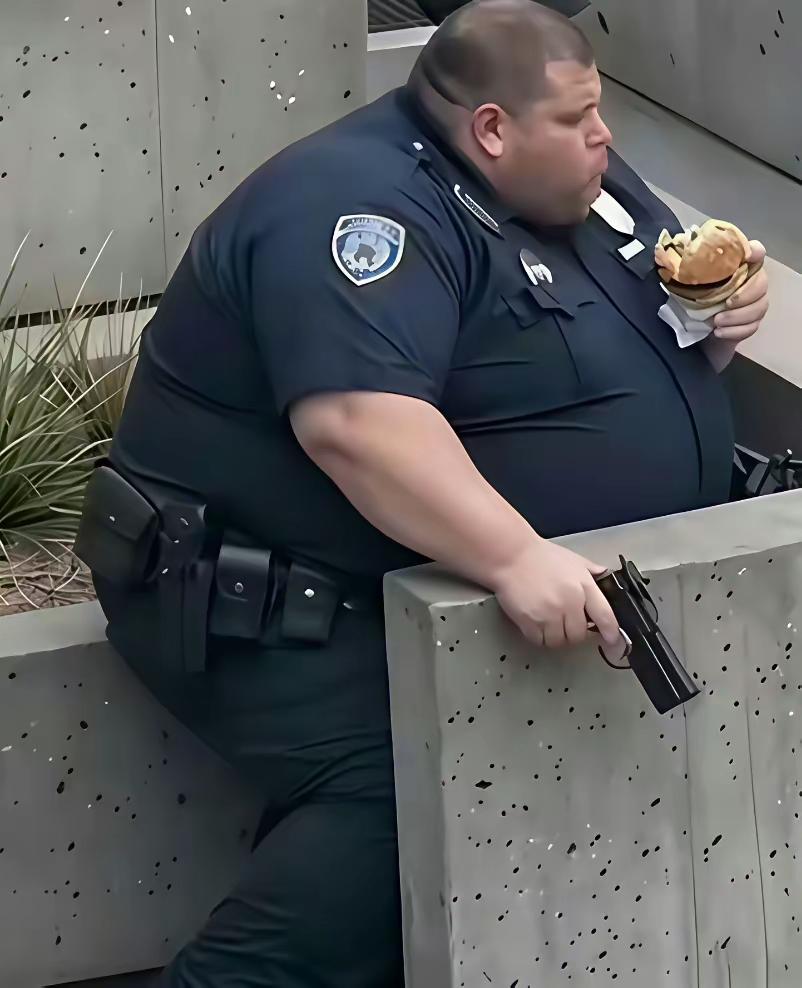 这是哪国的警官，都那么胖还，执行任务时还不忘吃吃吃[我想静静]。他这身材太费布料