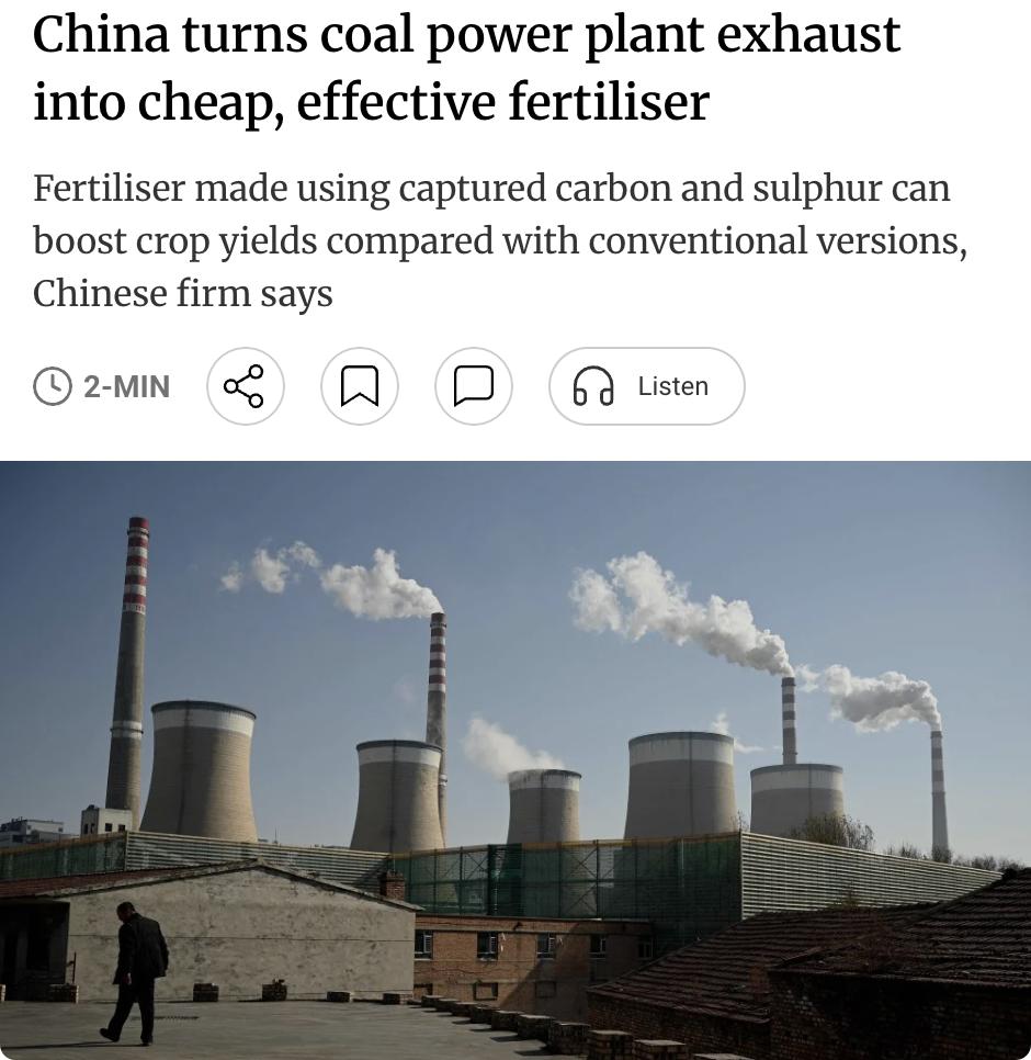 外媒：中国科技公司开发出一项将燃煤电厂废气转化为廉价高效肥料的技术，通过氨捕集燃