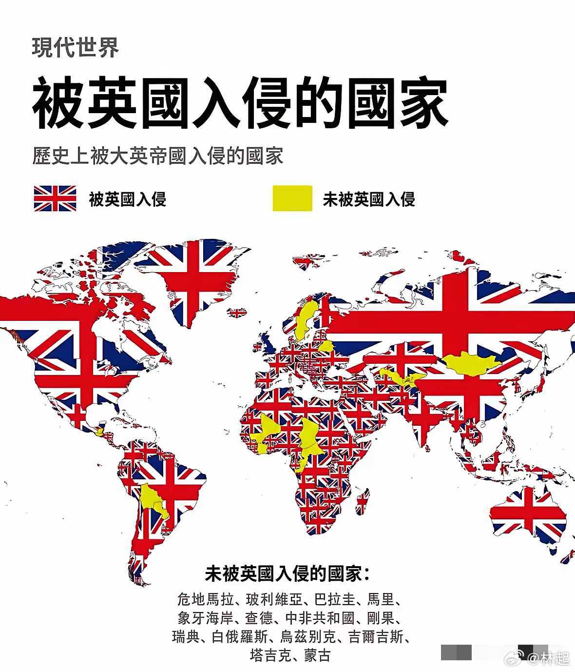 真是打遍天下无敌手，极少数被英國入侵的國家（如图所示），而绝大多数没有被英国入侵