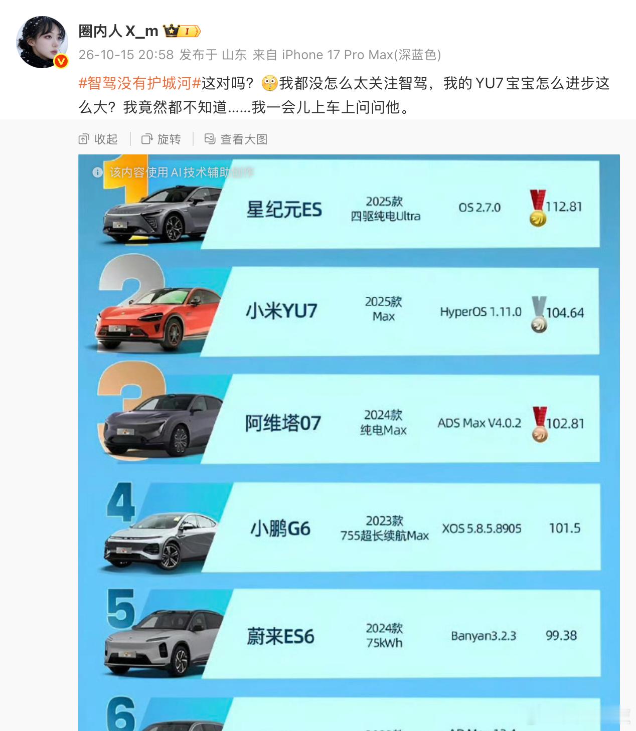 智驾有没有护城河？看这个博主给出的榜单小米排第二。咦。榜单ai制作的？班主任休产