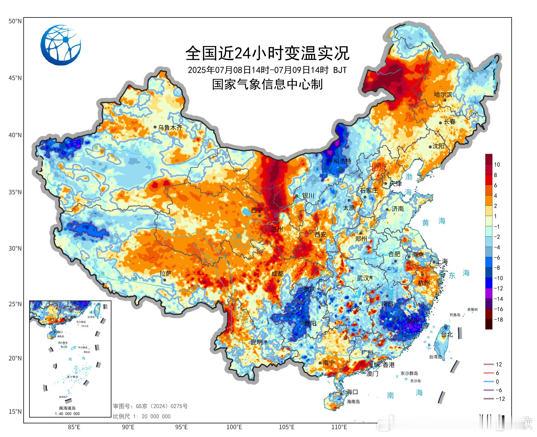 【气温】今天气温变化和高低分布，和晴雨密切相关。夹在台风低压和高空槽的降水之间，