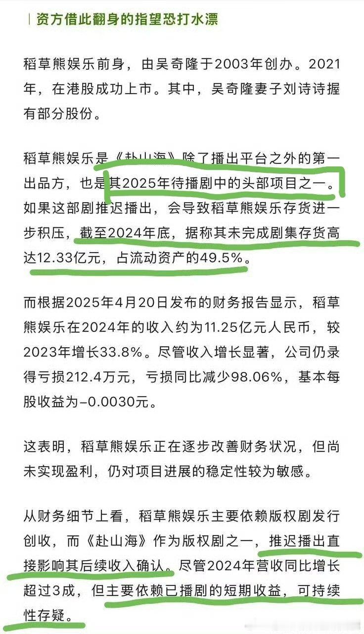 稻草熊去年播了《赴山海》等剧，但还是亏严重！播出多部剧集却出现亏损，主要原因是版