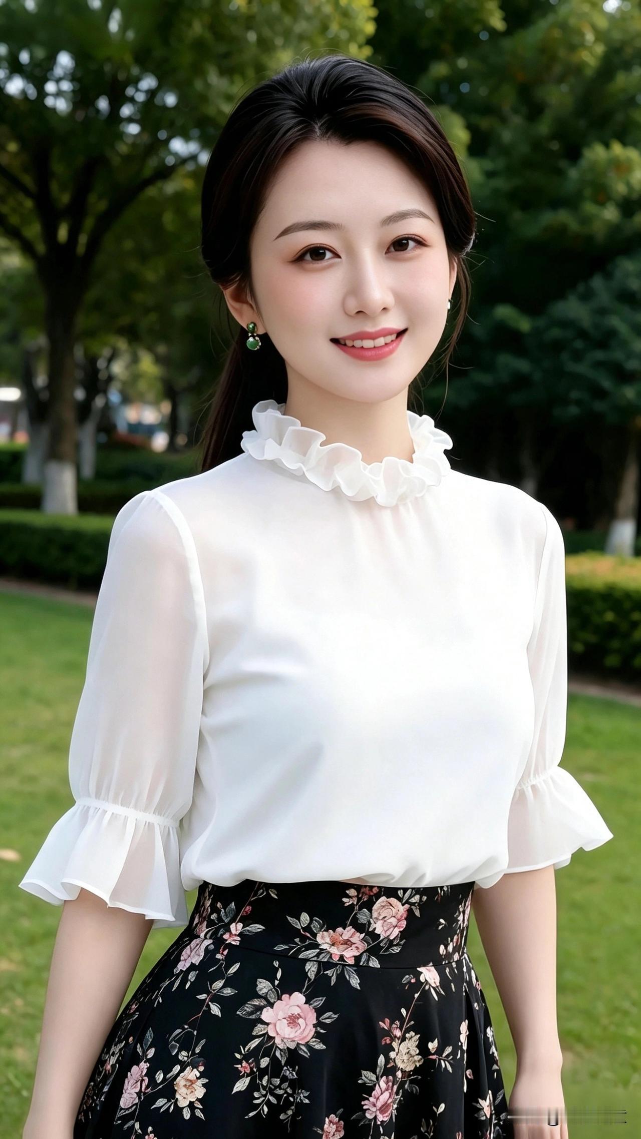 清爽白衬衫搭配繁花半裙，漫步绿意公园，温柔又大方。简单的日常穿搭，把夏日的松弛氛