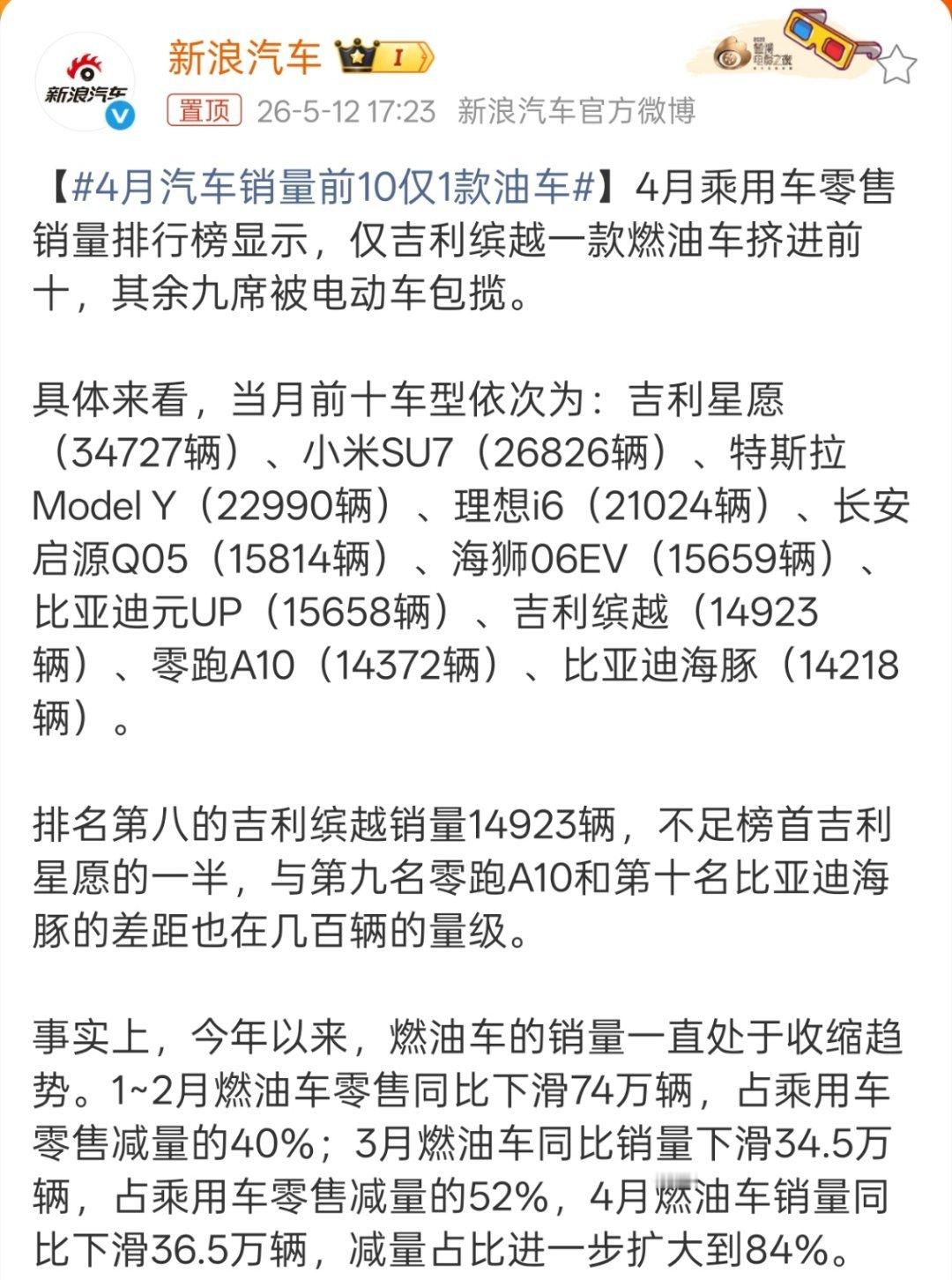 4月汽车销量前10仅1款油车主要之前还有一波油价大涨，更是加速了这种趋势。 