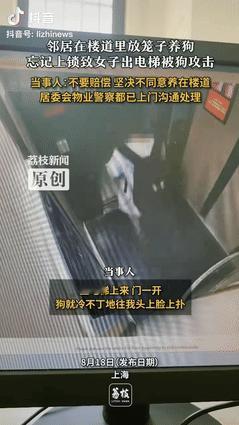 “缺德冒烟了！”上海一女子出电梯时，突然有条狗朝女子身上扑去，吓得女子连忙反击，