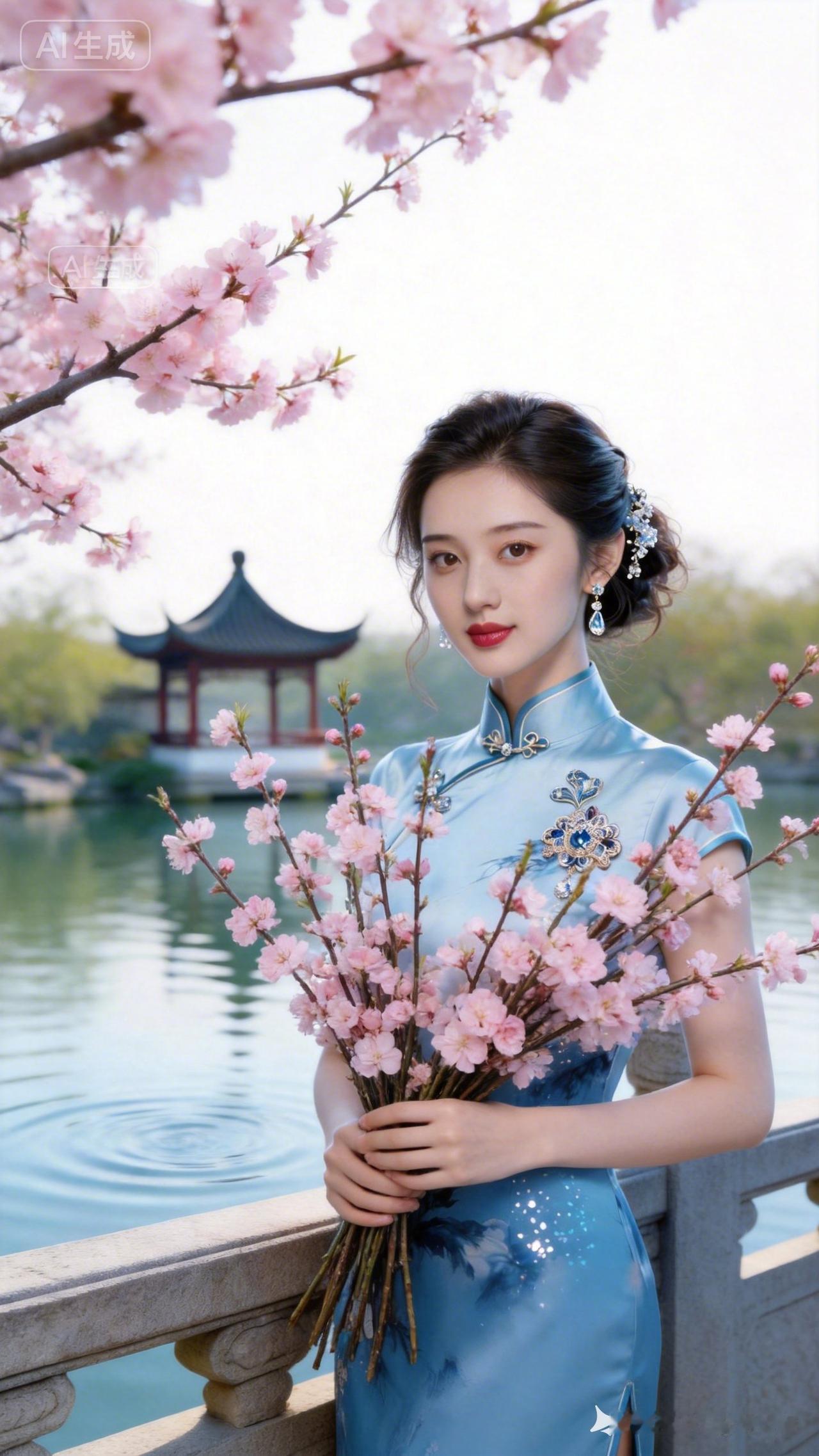 春日赏花，蓝衣美人与粉樱相映成趣！