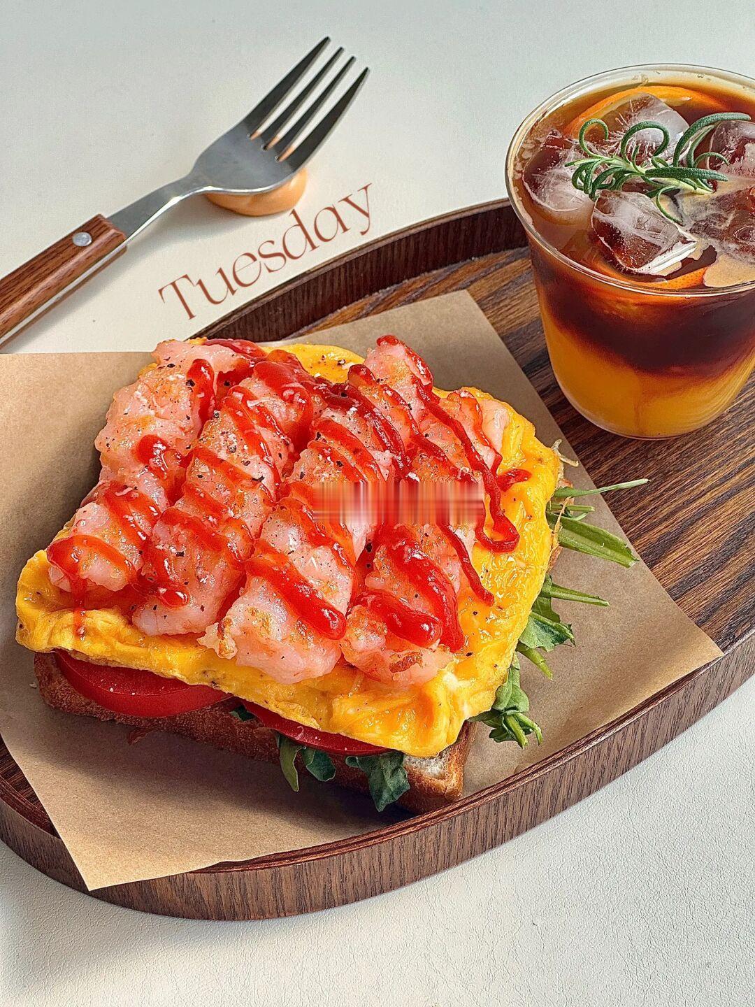 减脂早餐🥣｜虾滑🍤滑蛋开放式三明治🥪