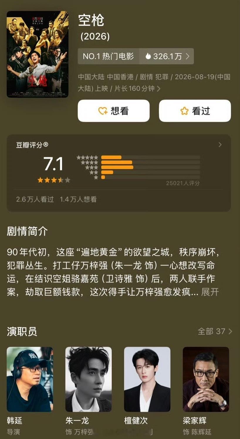 《空枪》db开分7.1分，打分人数2.6w人由朱一龙、檀健次、梁家辉、卫诗雅主演