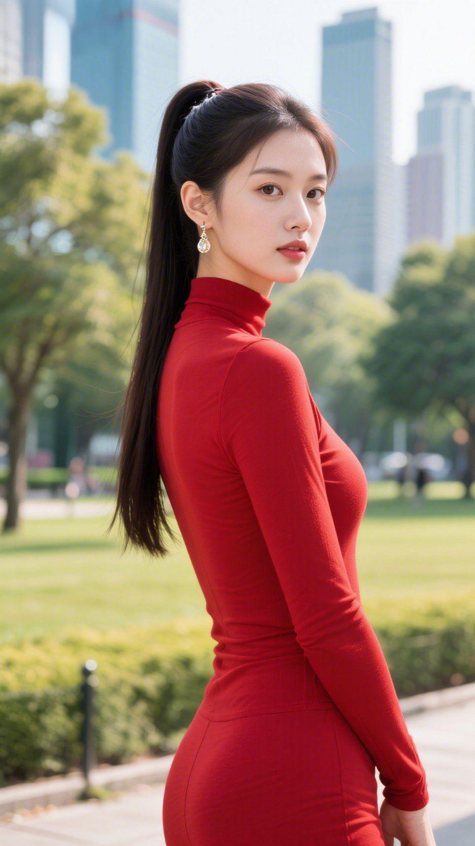 城园里的红衣晴光
 
风掠过公园草叶，她立在晴光中，红衣裹着舒展的明朗。马尾随微