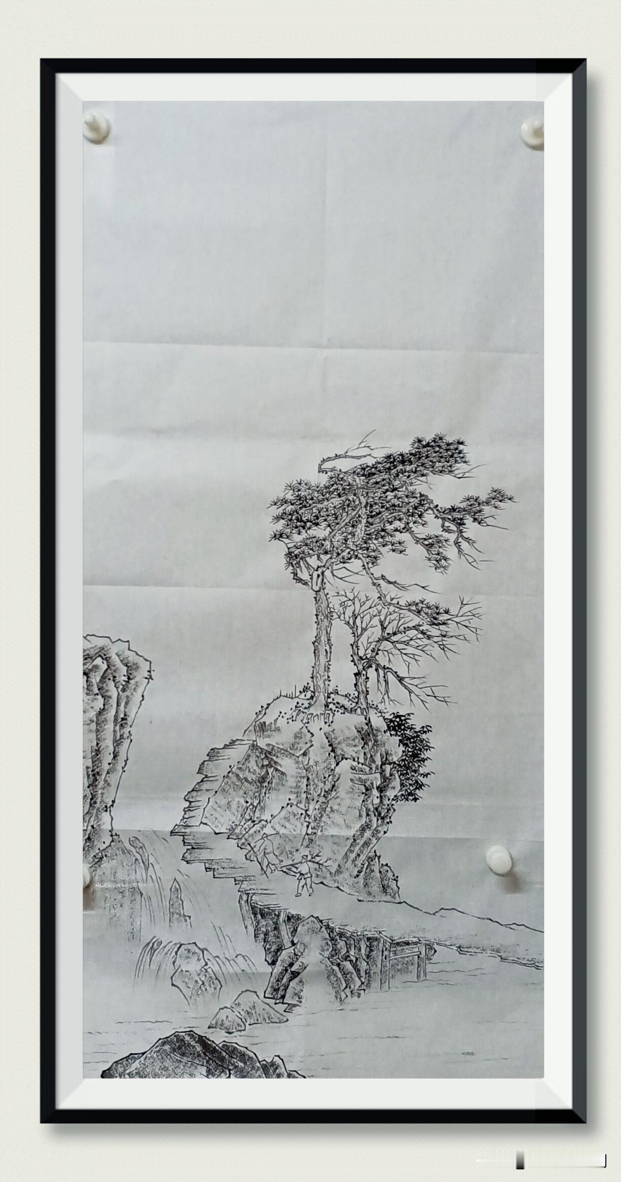 完成三尺国画《踏雪寻梅报春信》部分墨稿。今天这幅画，用的半生熟宣纸，很难着墨！