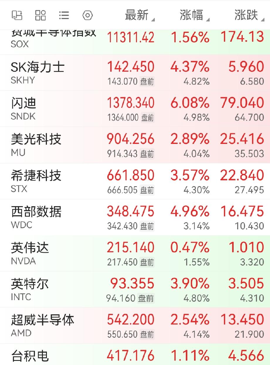 手持芯片半导体的股友们，终于可以放下心了。美股开盘芯片半导体，存储板块大涨。费城