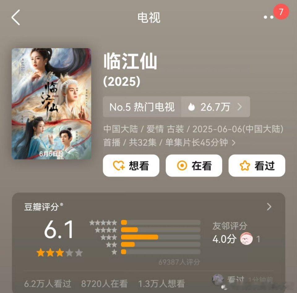 白鹿曾舜晞《临江仙》豆瓣开分6.1分 ​​​