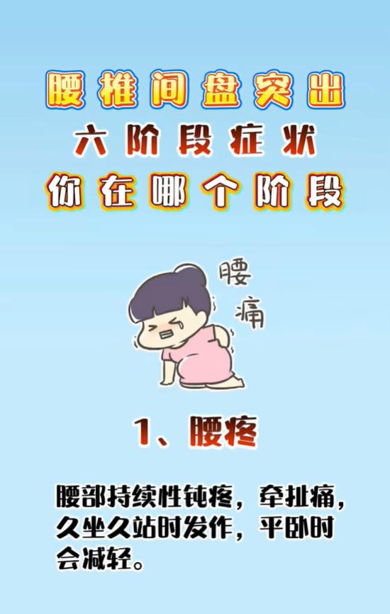 腰椎间盘突出不是突然加重的，大多会经历一个循序渐进的发展过程，临床上可以大致分为