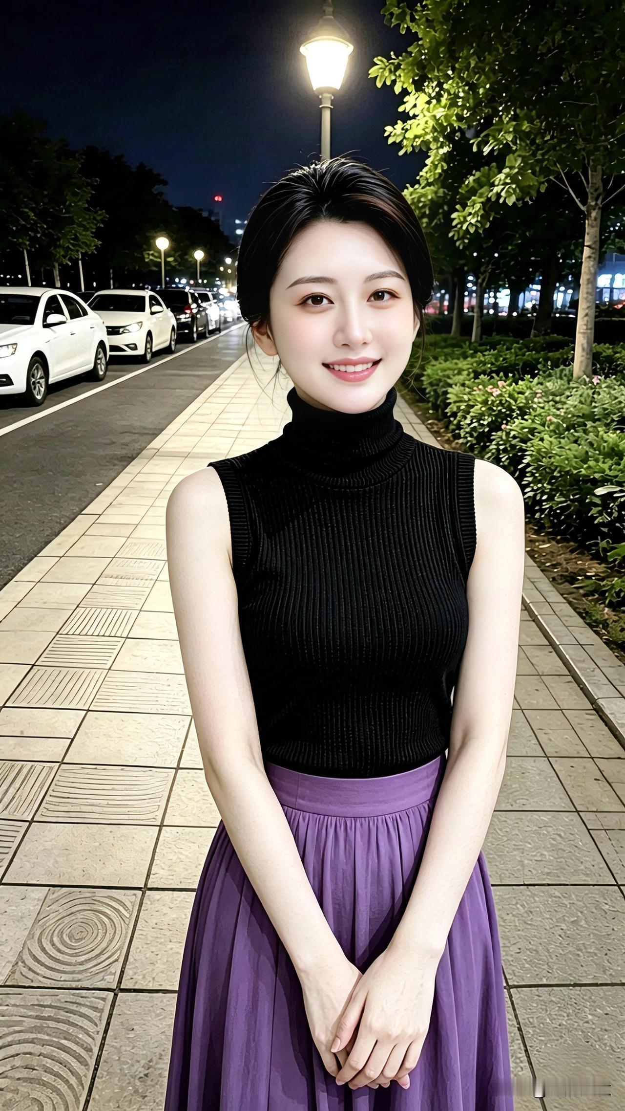 夜晚街边散步，很喜欢这种简单舒服的穿搭。黑色无袖高领背心简约耐看，搭配一条紫色大