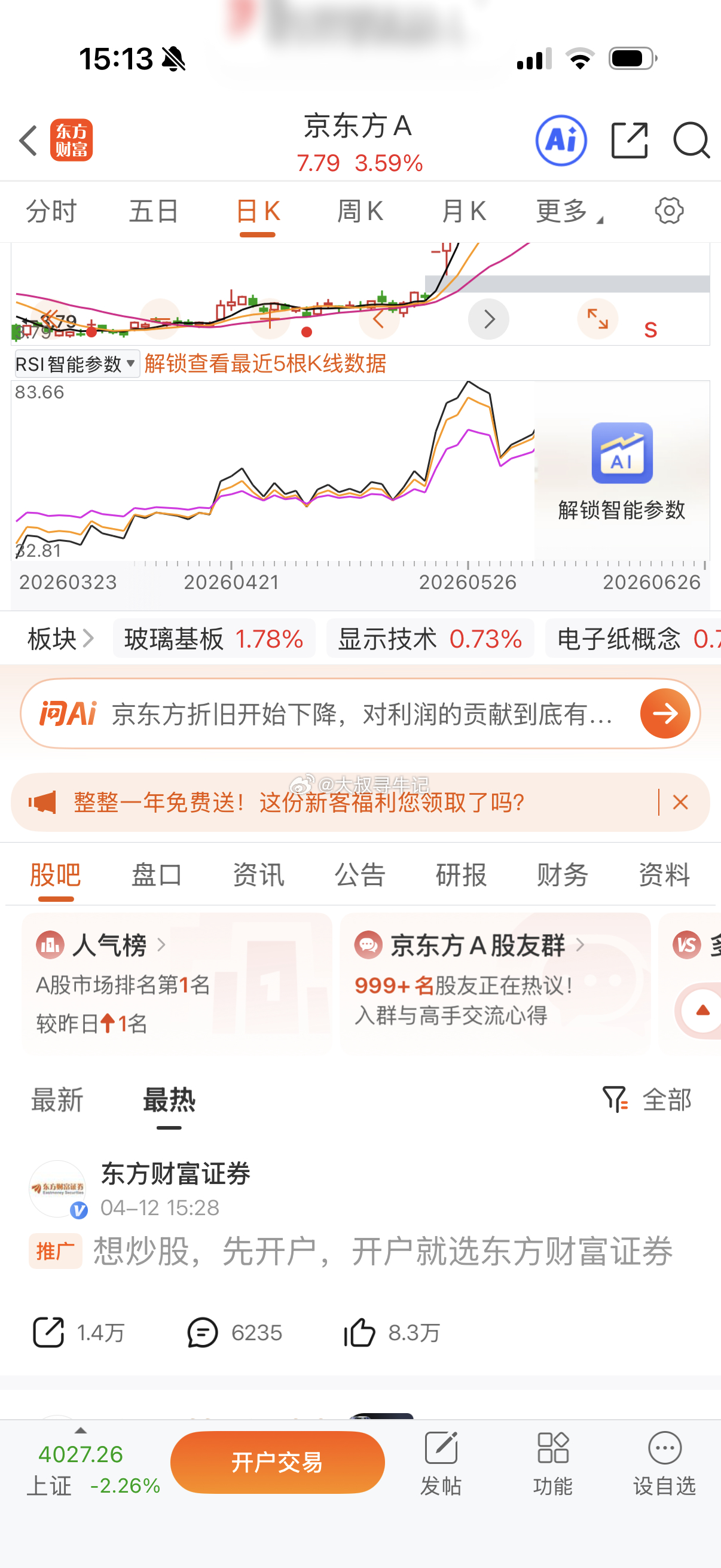 京东方A，玻璃基板面板龙头，趋势很强势 