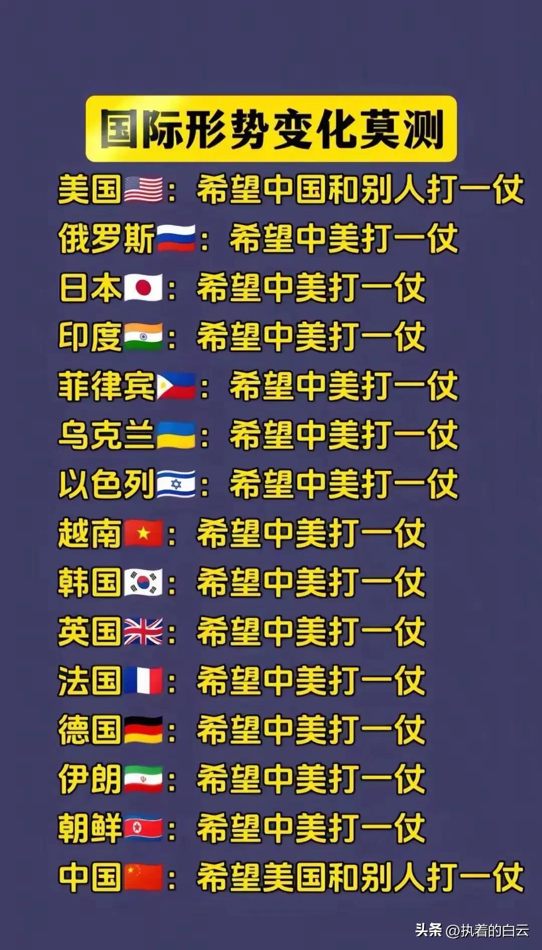 这张图虽然是个段子，但确实把国际政治的微妙心态给说透了。

放眼望去，美国、俄罗