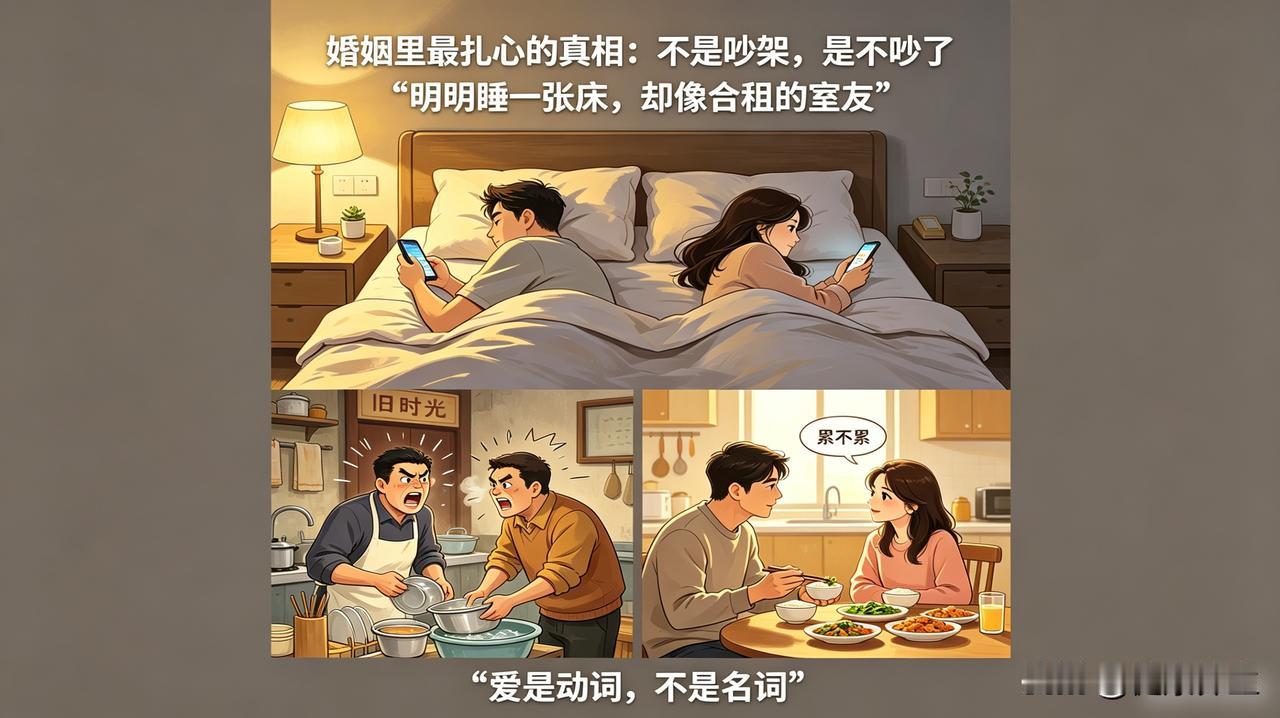 婚姻里最扎心的真相：不是吵架，是不吵了。

明明睡一张床，却像合租的室友。他刷他