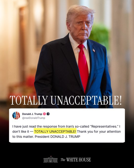 “我刚刚读了伊朗所谓的‘代表’的回应。我不喜欢它——完全不可接受！感谢您对此事的