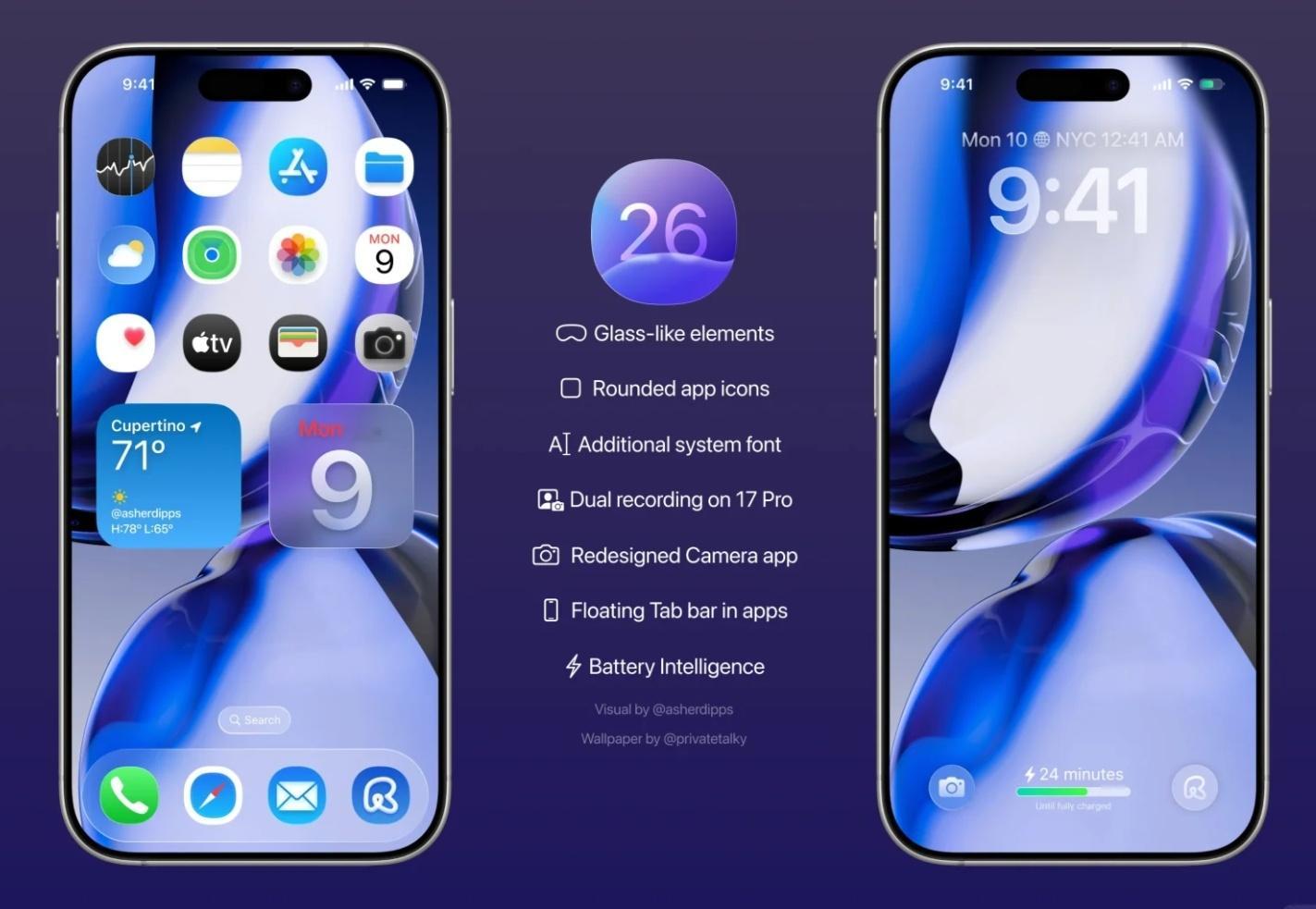 iOS 26最新曝光释出，不仅应用图标变成圆角，同时锁屏控件、系统弹窗、标签栏都