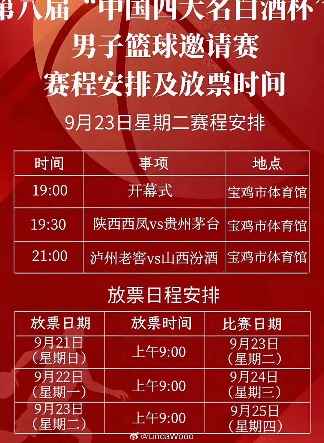 第八届“中国四大名酒杯”男子篮球邀请赛将于9.23-9.25在宝鸡市体育馆开打。