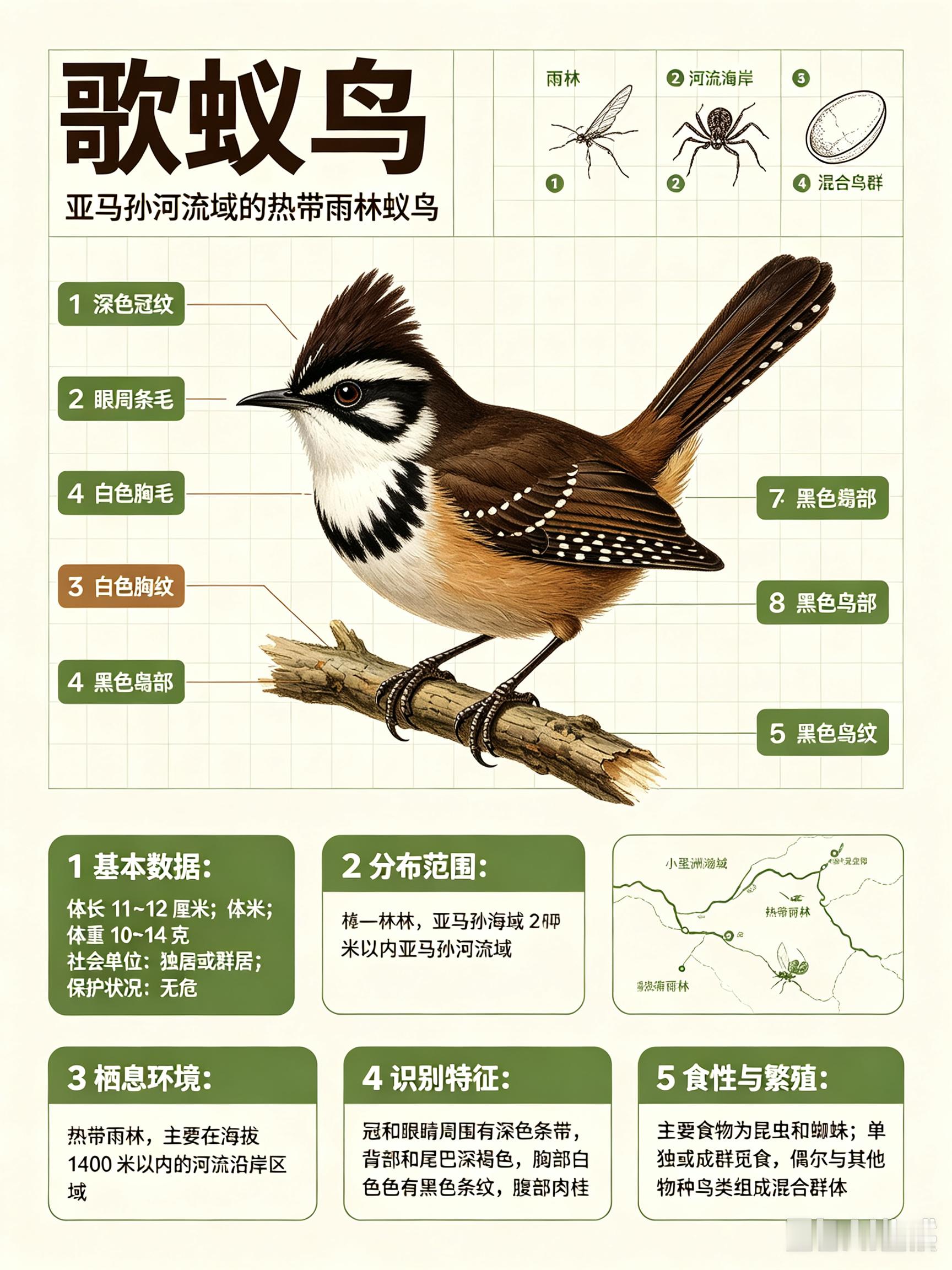 鸟类朋友图鉴 歌蚁鸟体长：11~12 厘米体重：10~14 克社会单位：独居或群