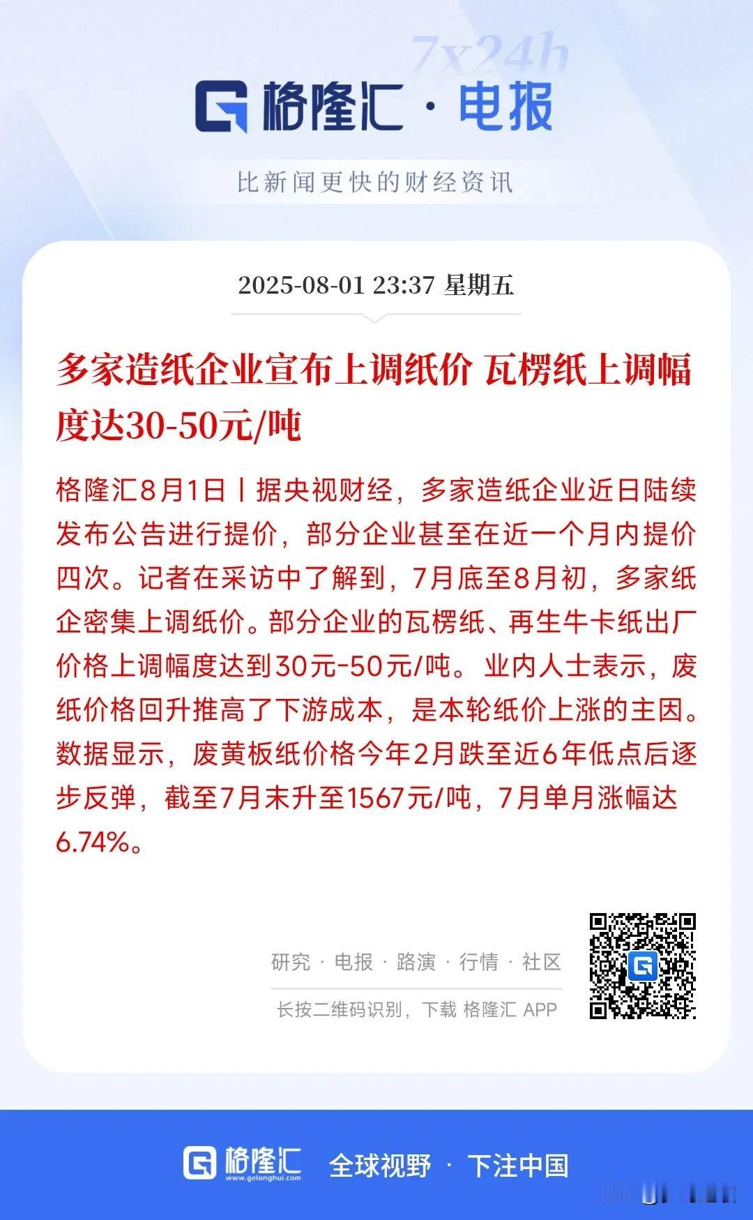 造纸业迎来重磅利好，行业开始提价
其实这次造纸行业集体涨价就是为了相应“反内卷”