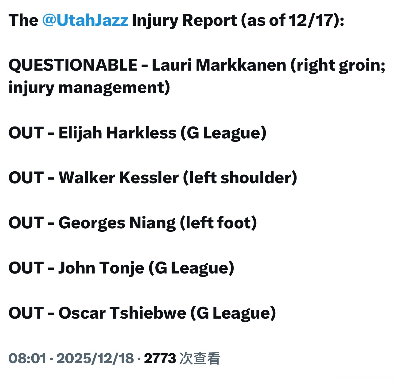 爵士更新伤病报告，马尔卡宁腹股沟有伤出战成疑。缺阵的球员包括凯斯勒，尼昂，哈克莱